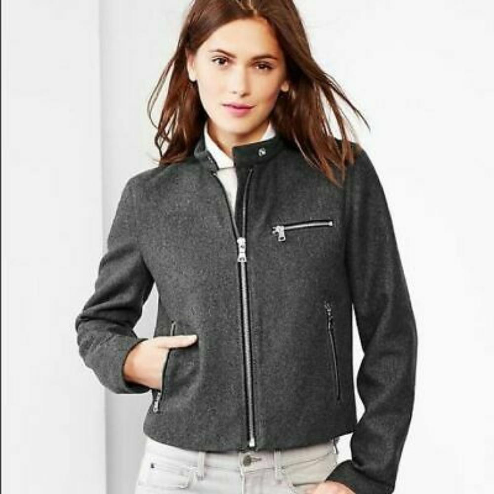 Gap Wool Charcoal Grey Zip Biker Jacket Size Med